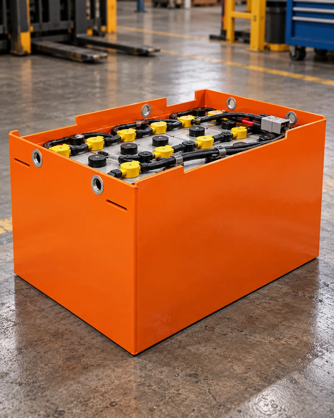 Bateria tracionária de chumbo industrial em caixa laranja