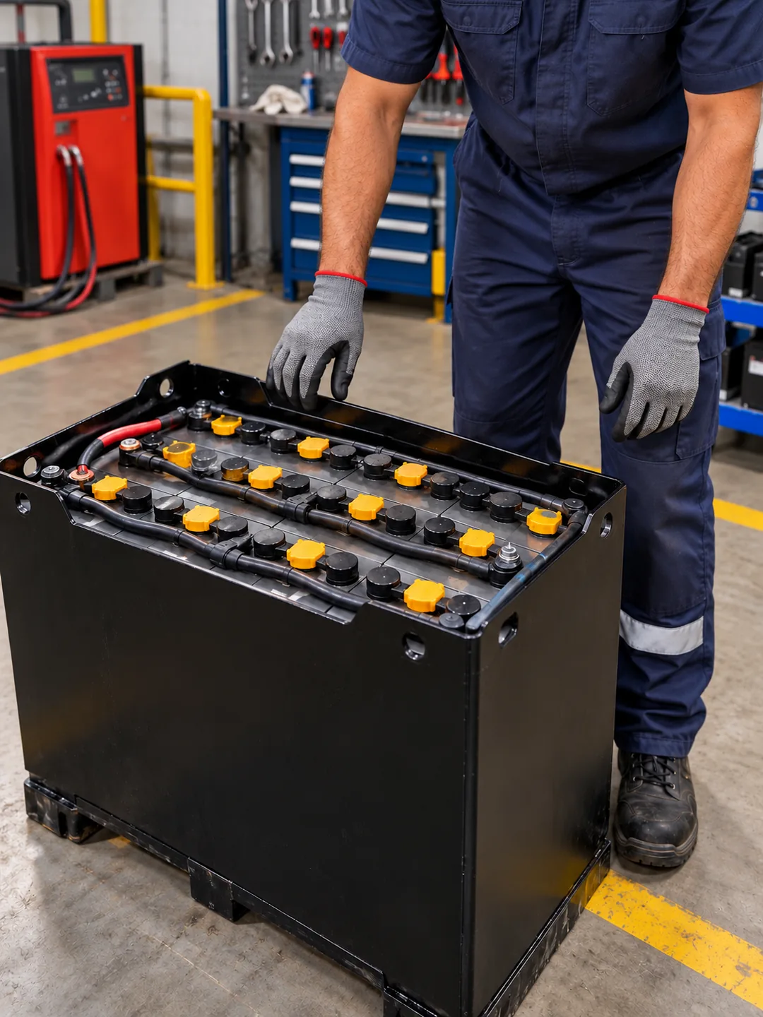 Inspeção técnica de uma bateria tracionária de chumbo